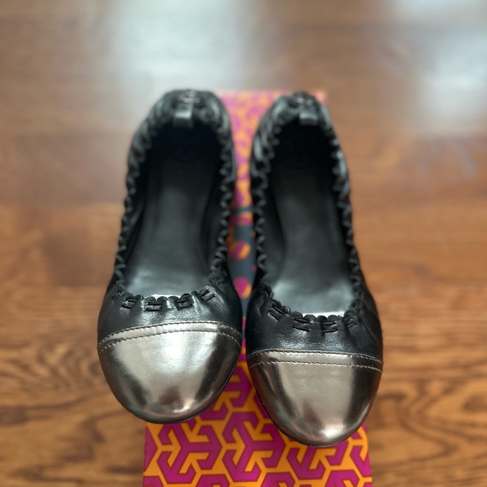 Tory Burch Black and Silver Quilted Flats
